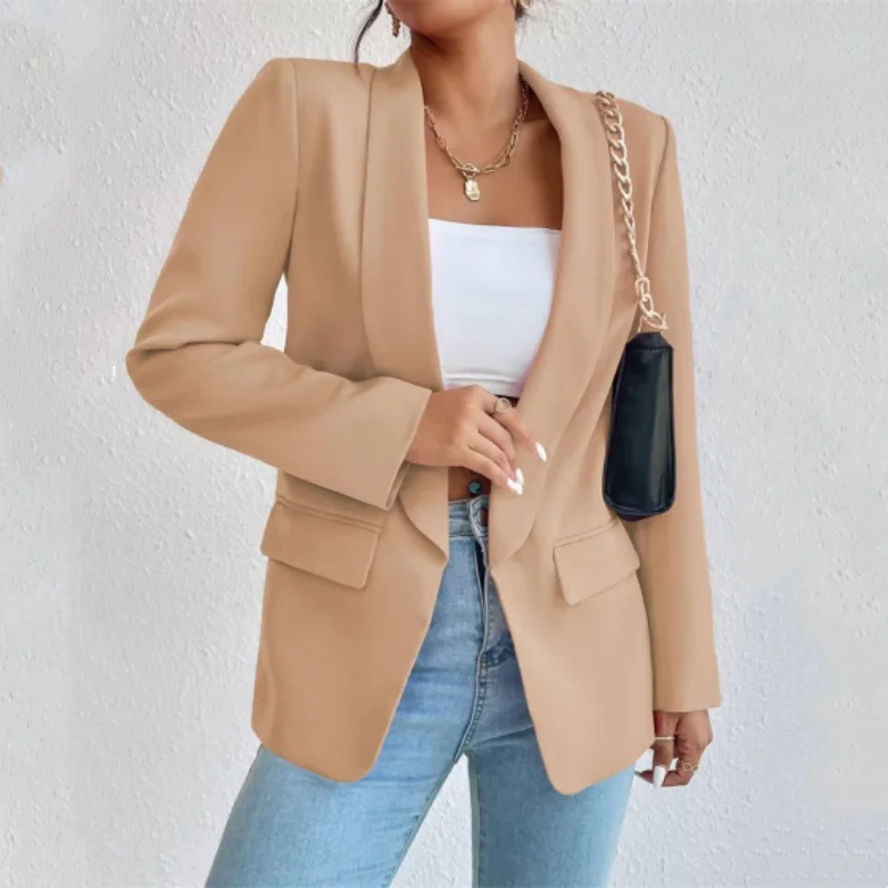 Spring Autumn Women Fashion Blazer Top Lapel Collar Open Stitch Suit Top New Lady Solid Slim Casual Coat