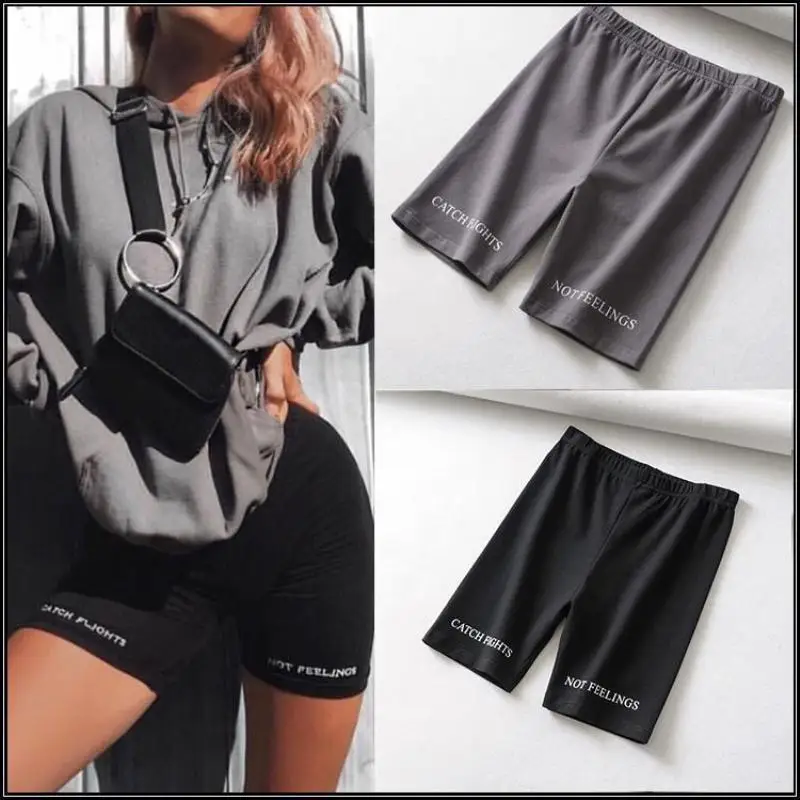 Summer biker shorts 2020 women elastic waist skinny fitness korean casual sexy Letter print black shorts pantalones black
