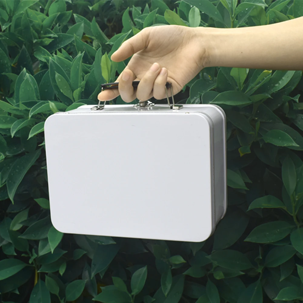 
White Plastic Handle Lunch Tin Metal Box 