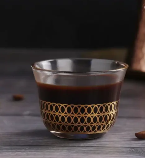 Arabic coffee tea set with gold pattern on glass body and saucer,customized design acceptable