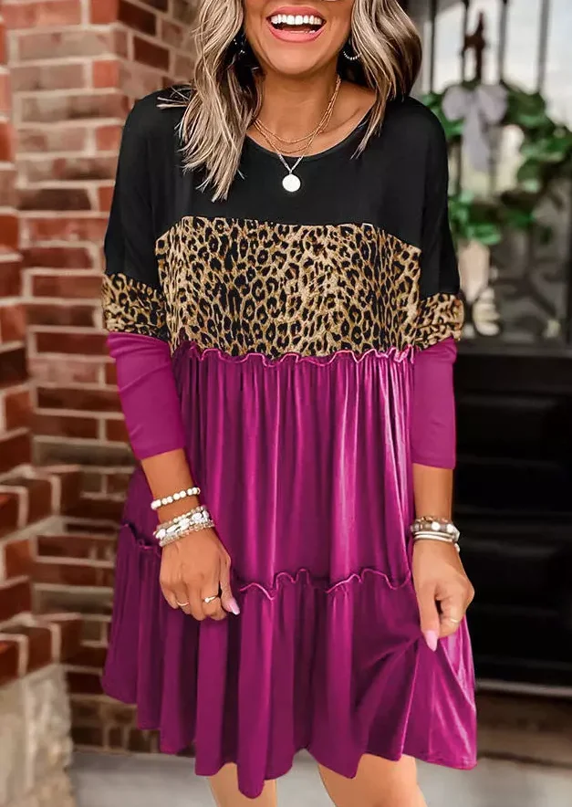 Women Leopard Color Block Ruffled Splicing Mini Dress