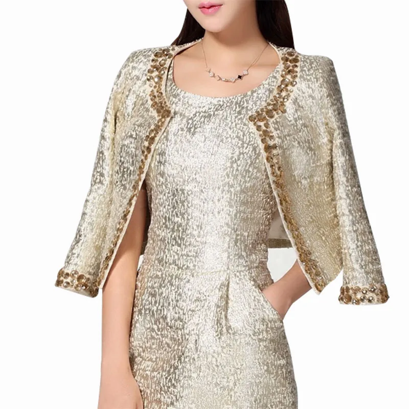 Shining beaded evening dress and jacket with 3/4 sleeve