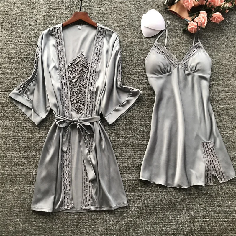  2021 оптовая продажа на заказ слинг ночная рубашка наборы кимоно женщин 2 шт пижамы розовый атласный