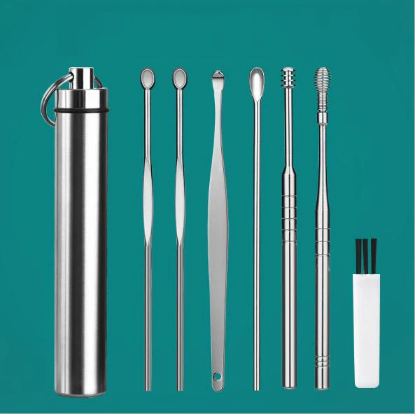 7pcs Silver Ear Cleaning Tool Earpick Set Ear Pick Earwax Removal Kit with Case