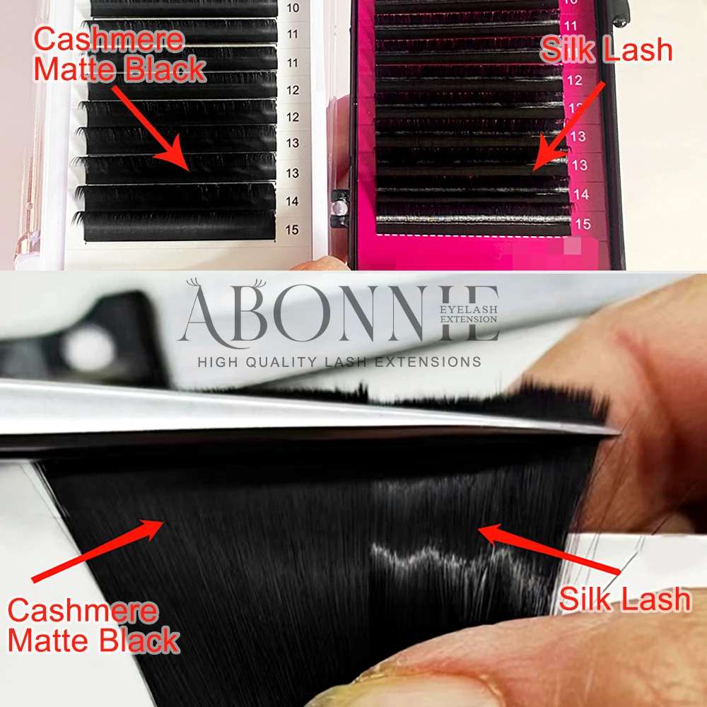 Abonnie 0.03 0.05 Individual Lash Extension Wholesale Stable Curl PBT Fiber Cashmere Lash Extension Matte Black Eyelash Trays