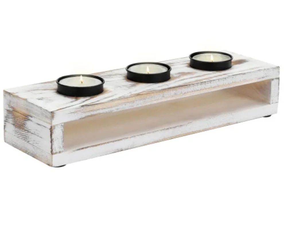 White Washed Wood & Black Metal Tealight Holder Tray