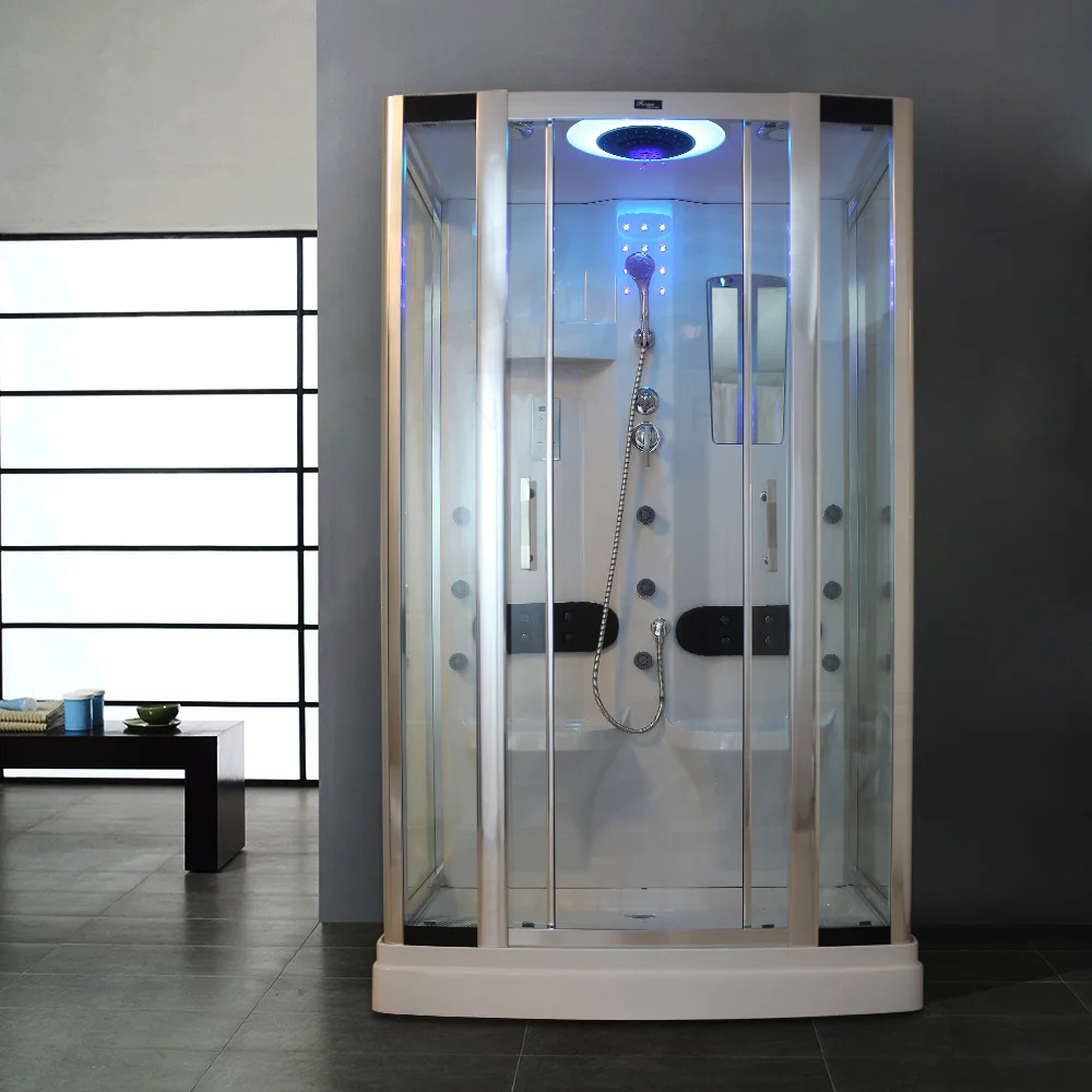 A simple designed bathroom shower room with a white steam shower stall and a walk-in shower room