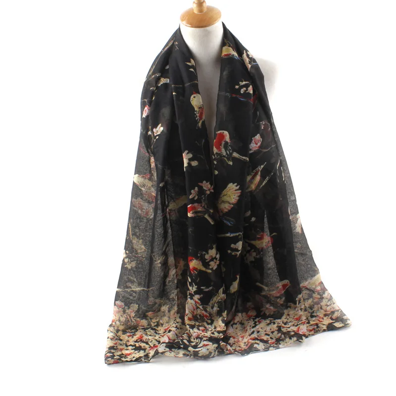 Hot Selling Explosive New Style Animal Elegant Summer Scarf Branch And Bird Print Scarfs For Women