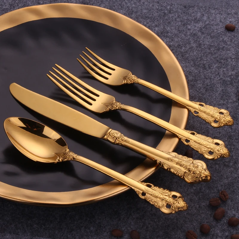 Hot Sale 2022 Royal Luxury Mirror Polish Gold Embossed Handle Stainless Steel Flatware Cutlery Set