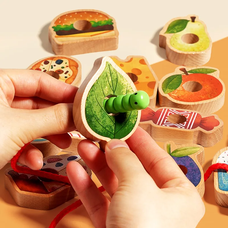 Montessori Baby Wood Caterpillar Wearing Rope Threading Game Educational English Food Puzzle Learning Toys For Boys Girls