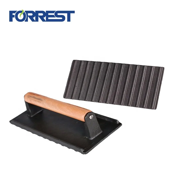 Cast Iron Steak Bacon Press with Wooden Handle for Meat Griddle Press