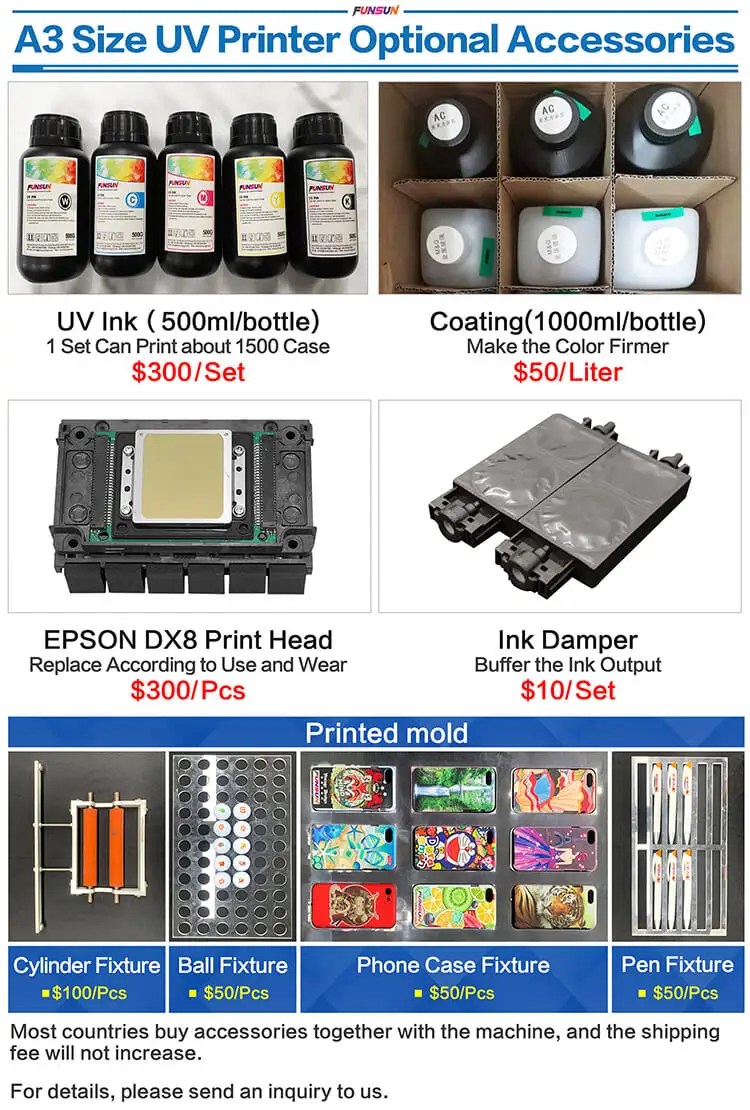 Funsun Factory Direct Wholesale A3 UV Flatbed Printer for Phone Case Cup Glass PVC Wood Leather