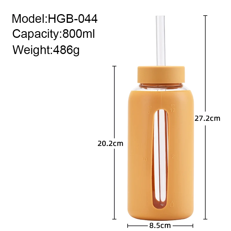 Glass Water Bottle with Time Marker, Water Bottle with Silicone Sleeve and Straw, Reusable Glass Water Drinking Bottles