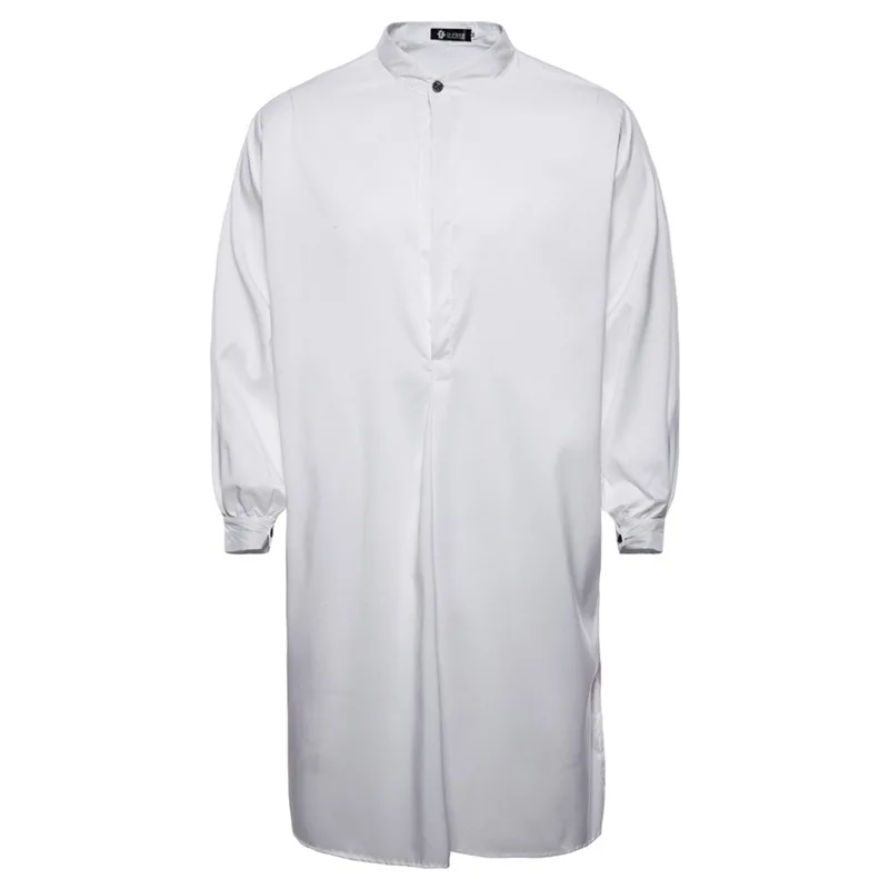 Arab Clothing Solid Color Cardigan Cotton Round Neck Stand-up Collar Long Sleeves Thobe Thawb Men Long Shirt Robe