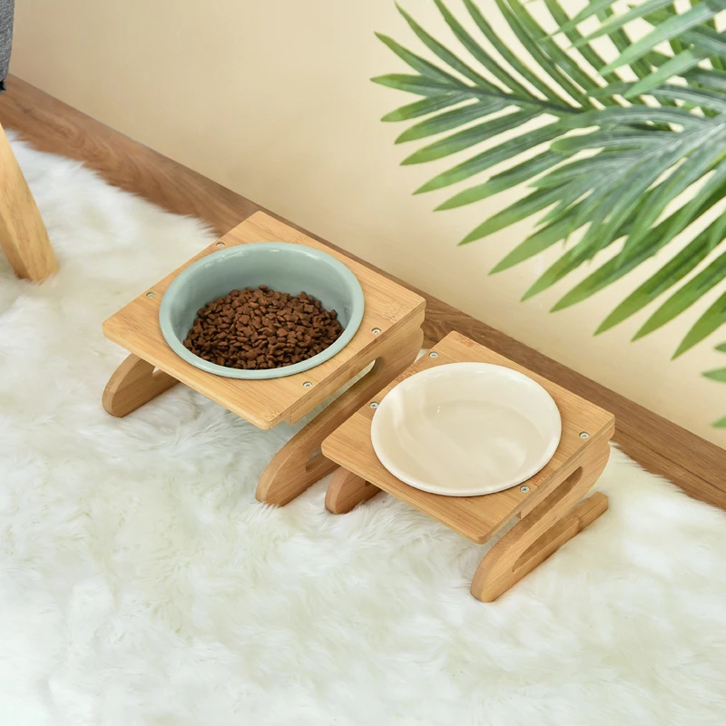 Wholesale Pet Ceramic Feeder For Cat Dog Food Bowl Manufacturer Supplier Pet Products With Bamboo Shelf Stand