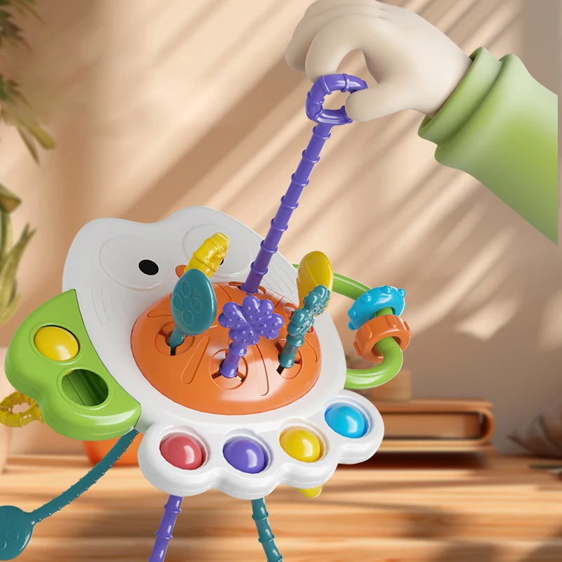 Hand Coordination Sensory Interactive Toy Owl Pull String Toy 6 Ropes Montessori Early Educational Toys with Activity Buttons