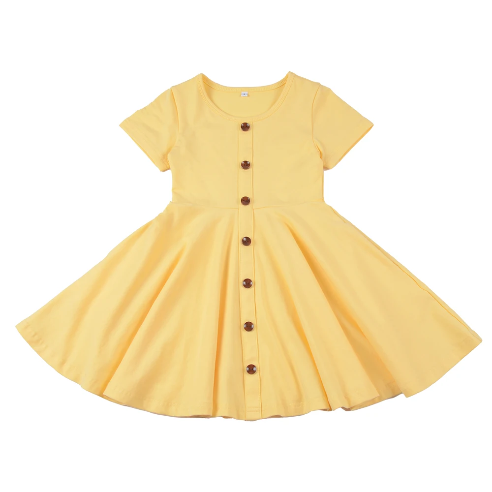 Summer Girls Dresses  Knit Cotton  Spandex Customizable Solid Color Midi Dress  Button  Short Sleeves  Dresses With Two Pockets