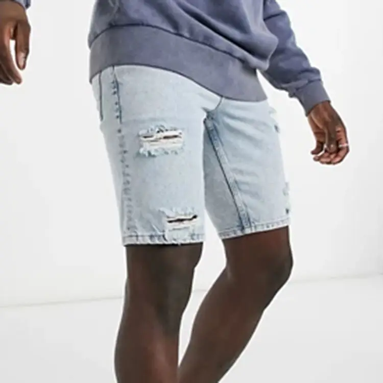 oem custom factory Men Jeans Short Summer blue ripped distressed zipper fly skinny mens denim shorts