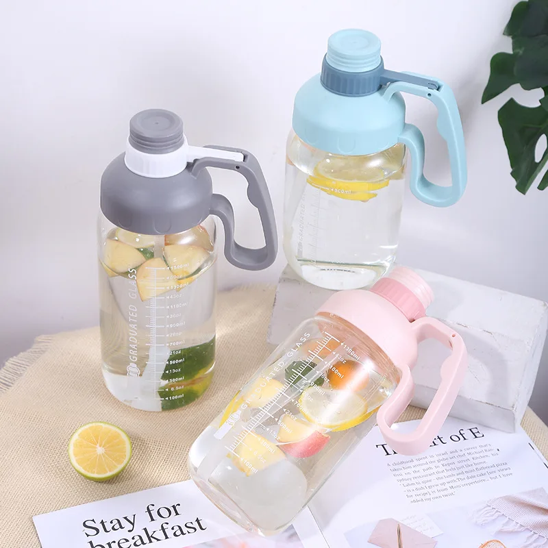 32oz 1L 1.5L Motivational Borosilicate Glass Water Bottle Sports with Handle Straw Measurement Scale for Hot or Cold Beverages