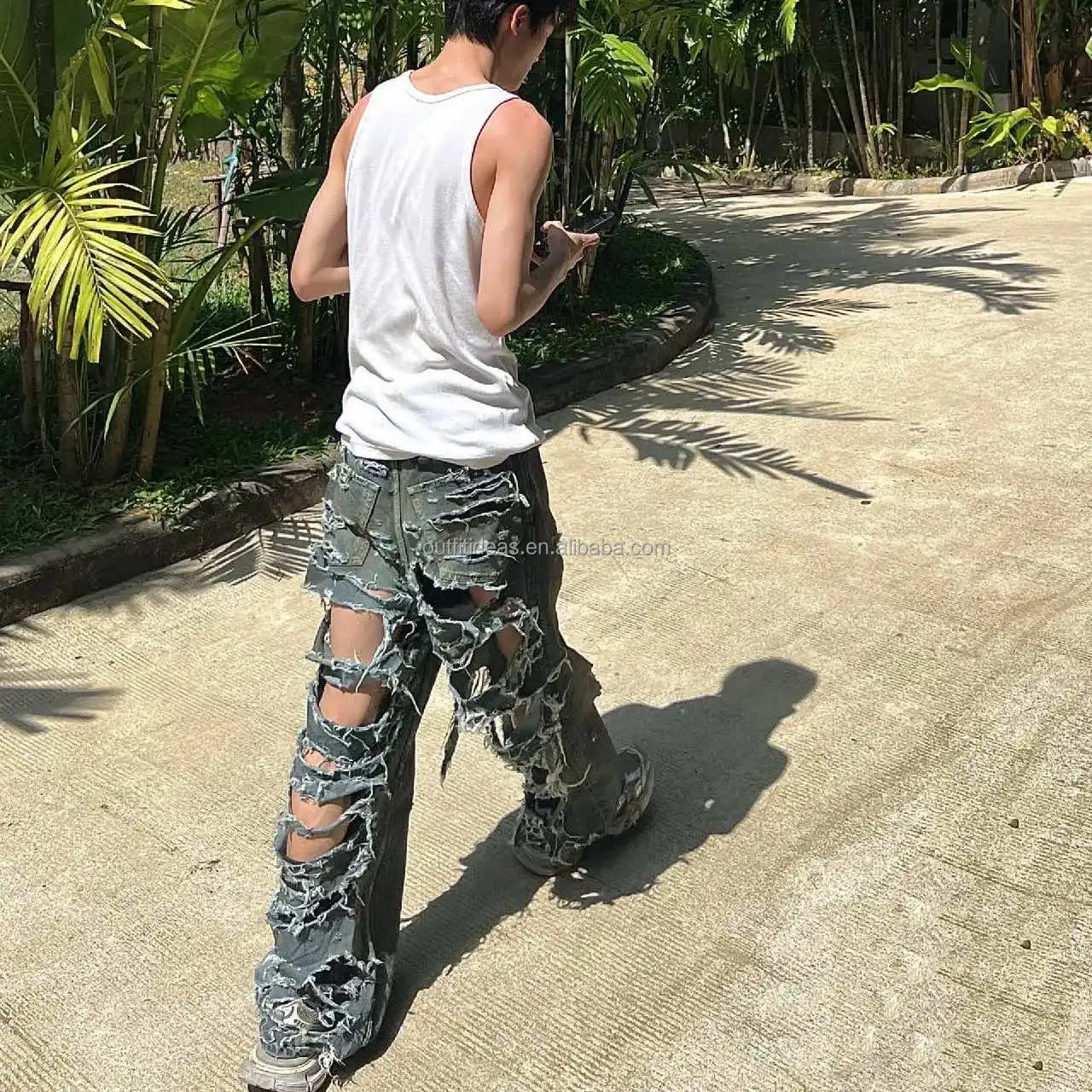 Exaggerated New Luxury Distressed Oversized Super Destroyed Denim Black Layered Baggy Blue Jackets Wide-leg Ripped Jeans For Men