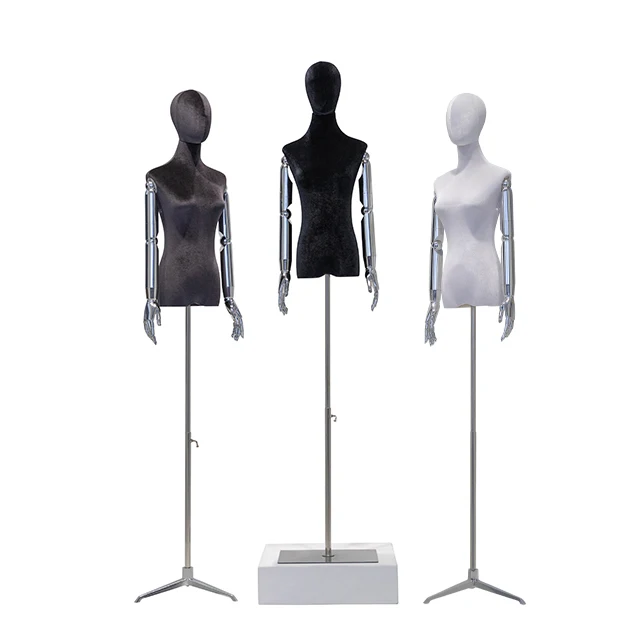 New Arrival Luxury Velvet Female Mannequin with Gold Silver Arms Adjustable Half Body Wooden Mannequin for Clothing Display
