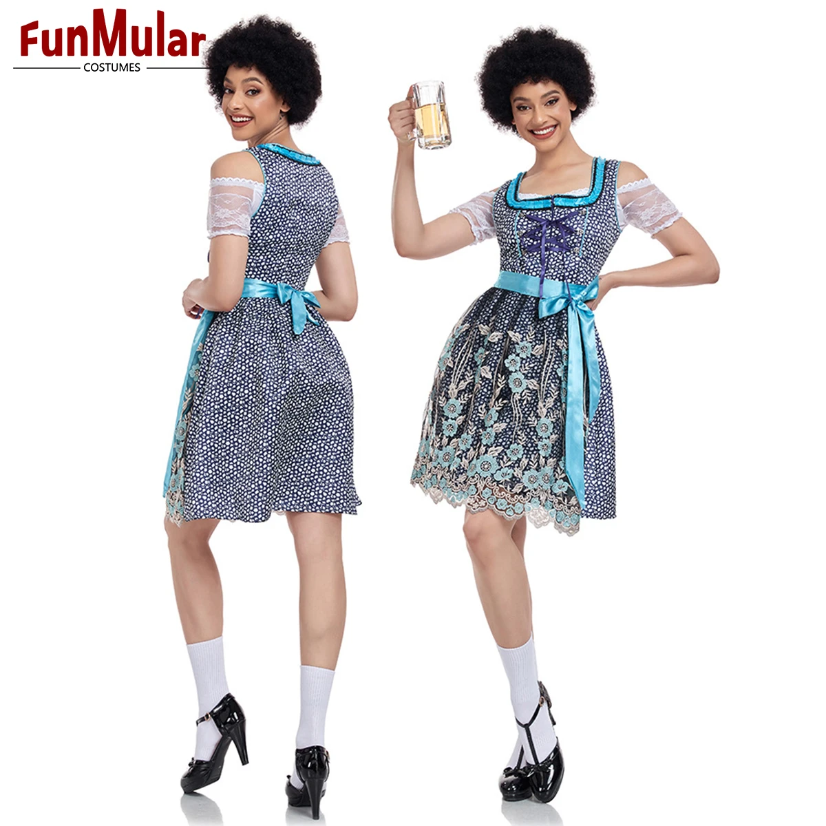 Funmular Dirndl Dresses Women Traditional German Oktoberfest Costumes Embroidery Floral Pattern Outfits