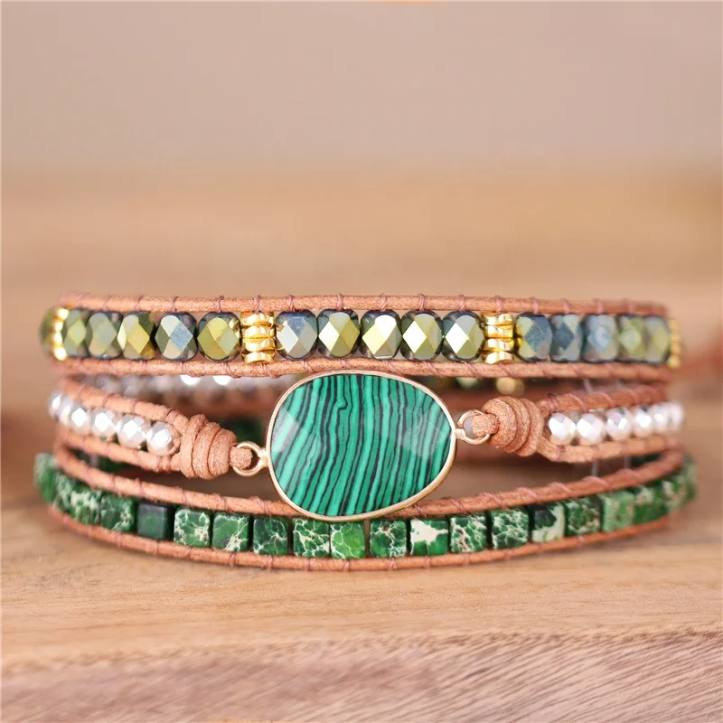Multilayers Braided Green Natural Stone beaded Leather Wrap Bracelet Boho Chic Handmade Jewelry Bijoux Dropshiping wholesale