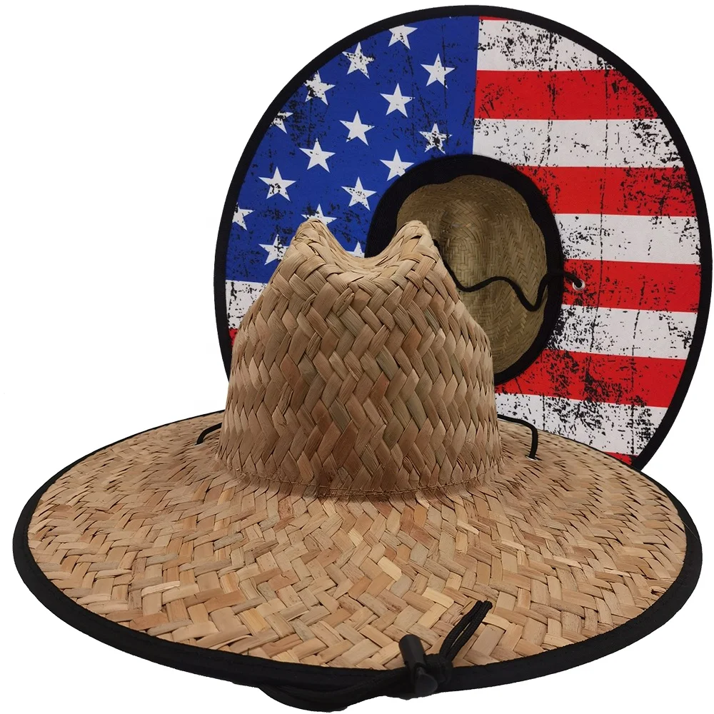 Wholesales wide brim summer printed sun beach lifeguard surf safari fishing woven usa american flag straw sun hat for men