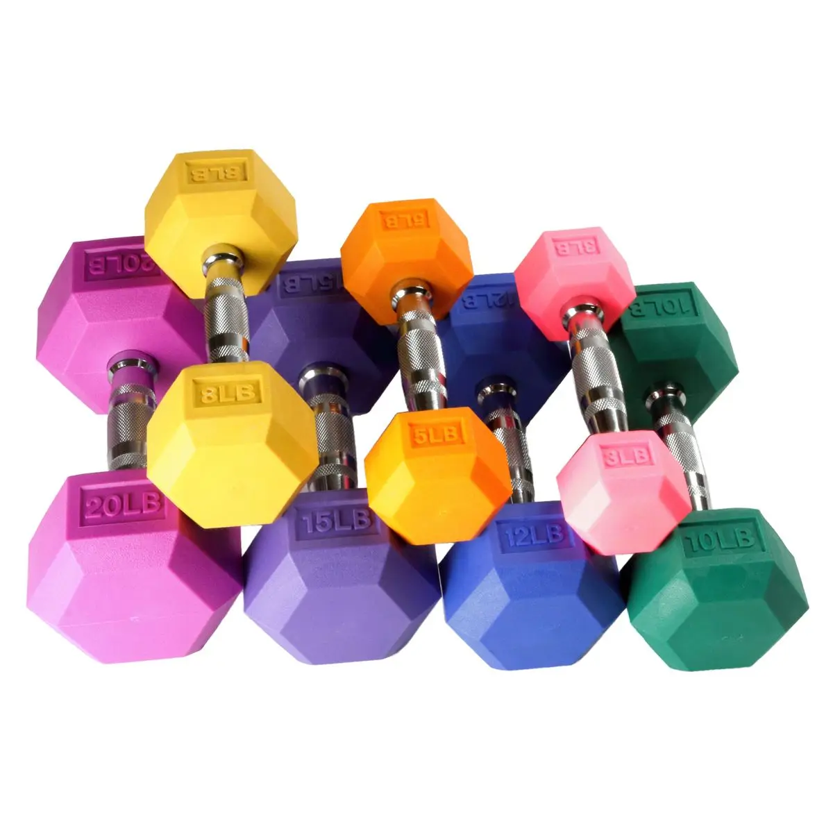 Wholesale Colourful Hex Rubber Dumbbell KG LB Pound Custom Logo Chrome Cast Iron Handle  Colourful Hex Rubber Dumbbell