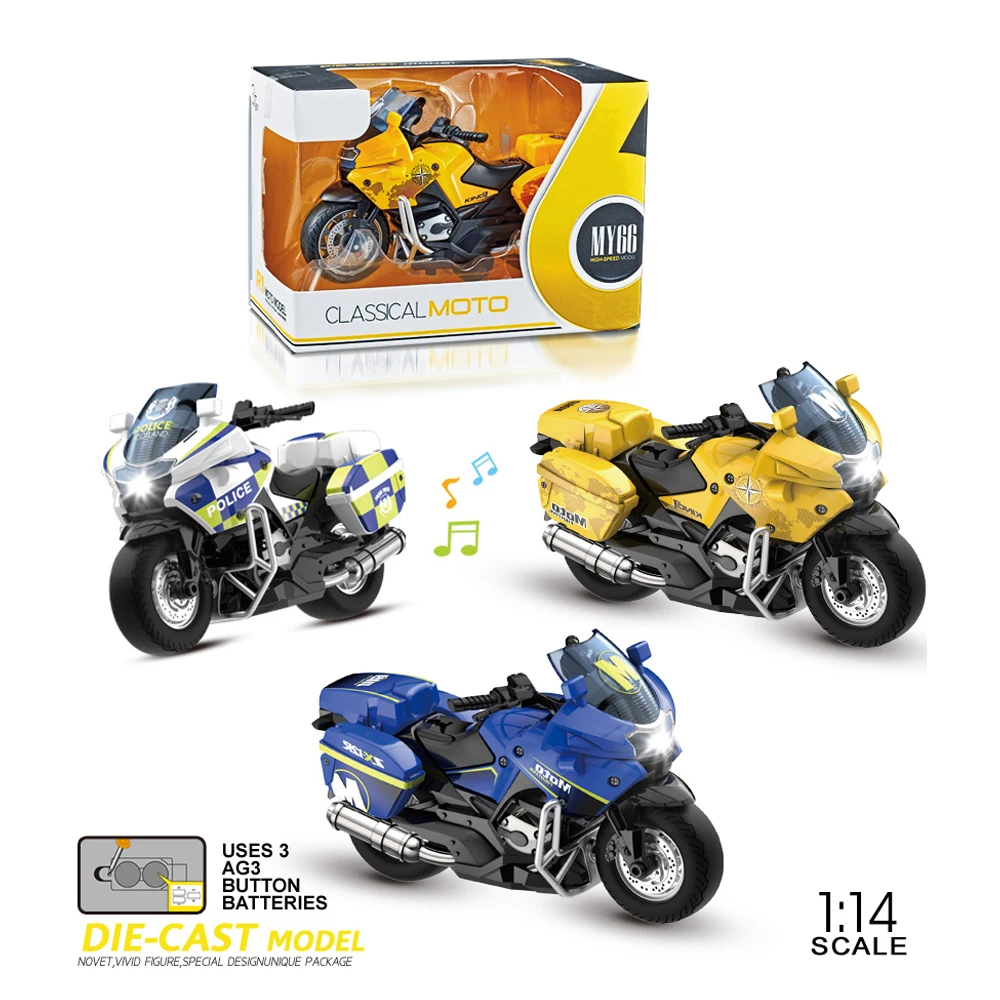 Модель мотоцикла из сплава под давлением в масштабе 1/14, игрушка с функцией отталкивания, игрушечный автомобиль с подсветкой и музыкой для детей