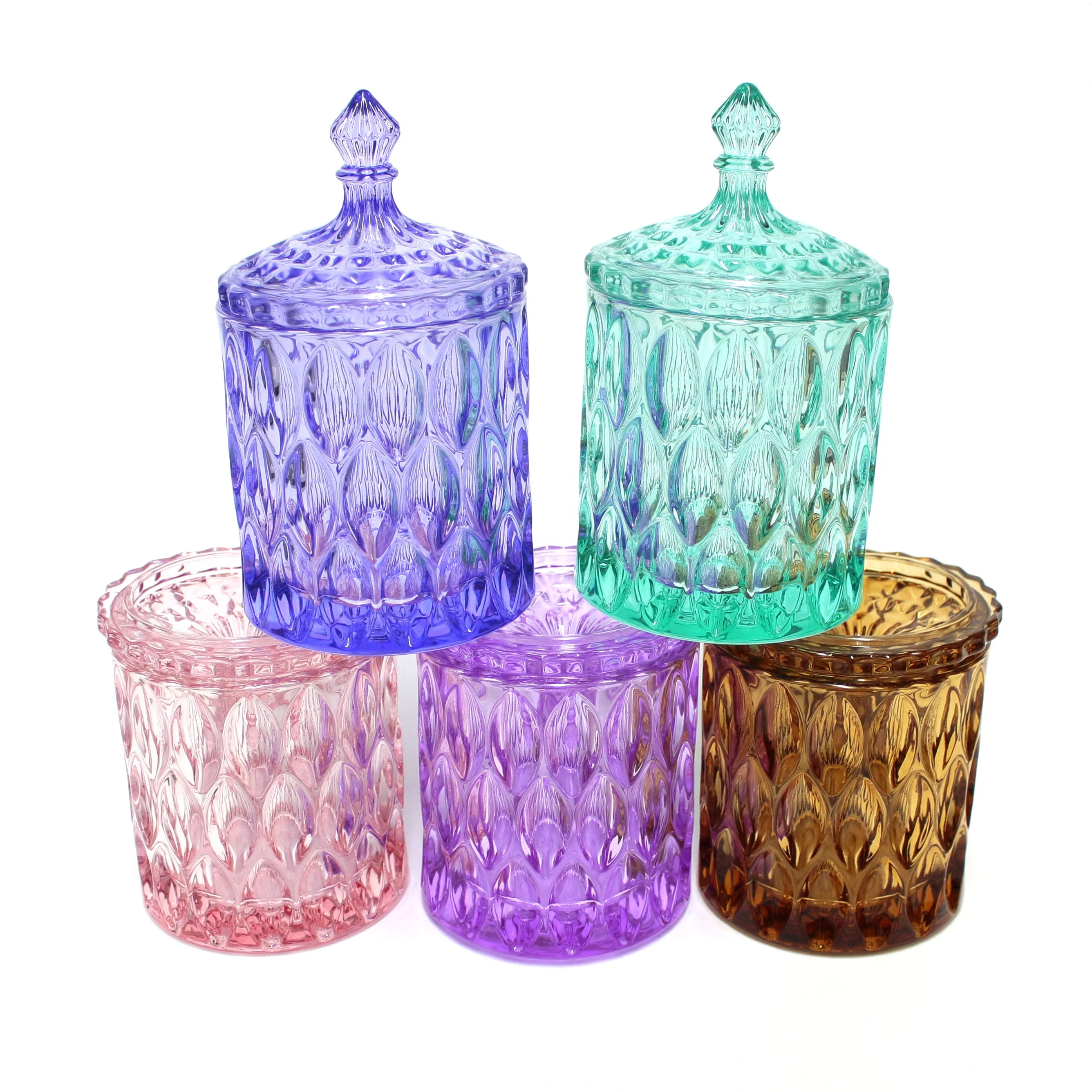 LANGXU high quality cylindrical short large capacity pink purple green candy jar with glass lid for food storage candy