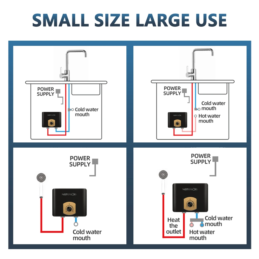 Compact Electric Water Heater 3500W-5500W Instant Knob Style Mini Over Temp Protection for Safe Showers