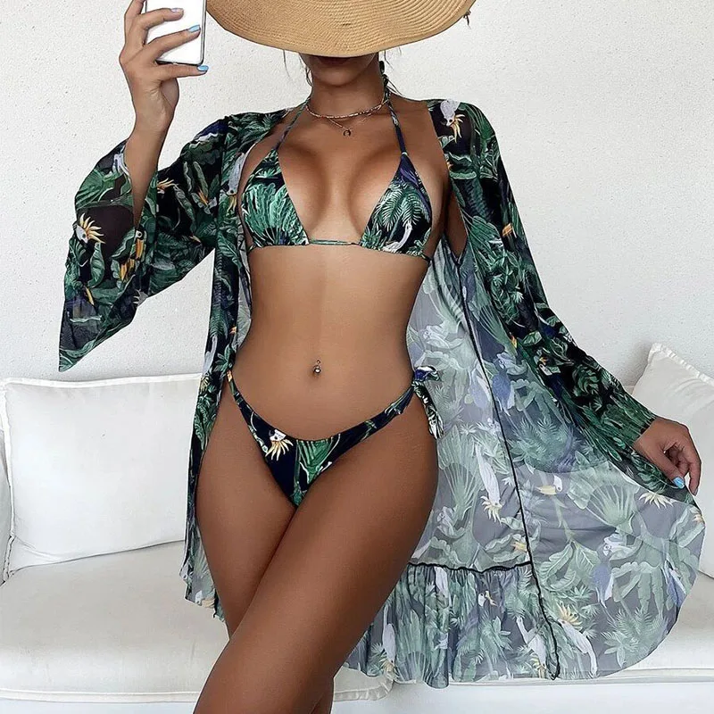 Wholesale Bikinis & Beachwear Women Bathing Suits Print 3 Piece Micro Bikini Set Swimsuit Cover Up