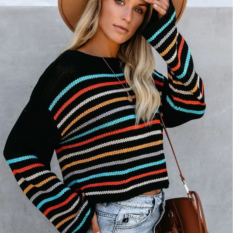 
Fall New Casual Style Rainbow Stripe Top Long Sleeve Women Knitted Sweater On Sale 