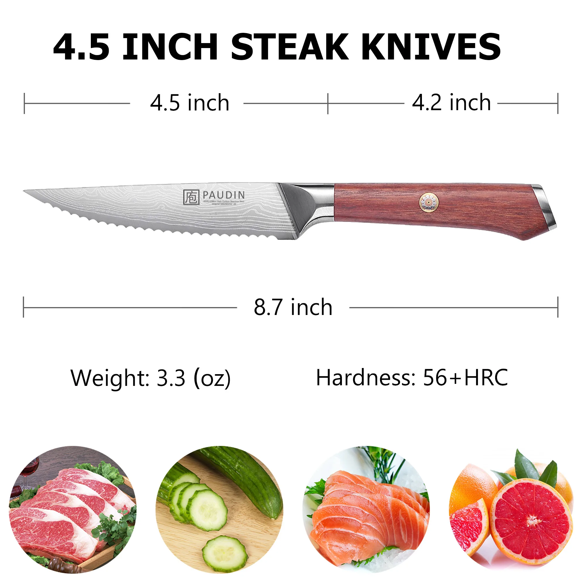 4.5 Inch Serrated Edge German Steel Razor Sharp Steak Knives With Rose Wood Handle For Restaurant Kitchen Knife