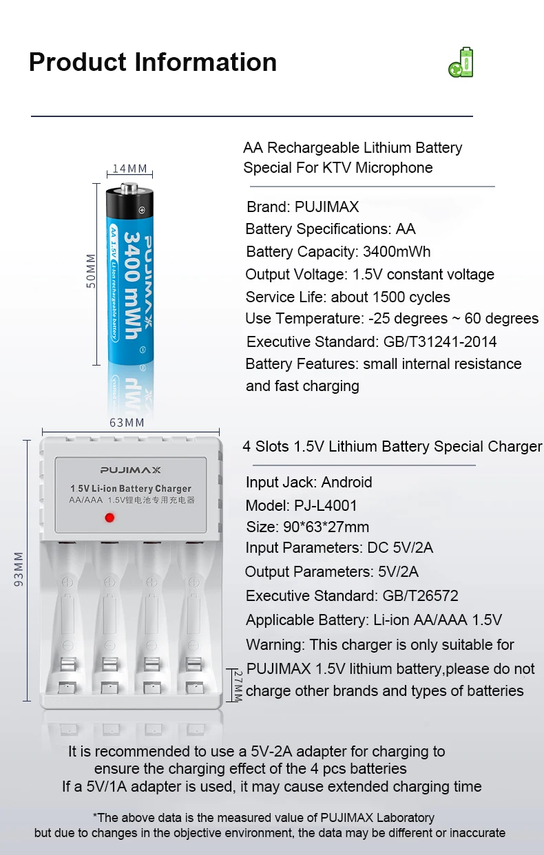 PUJIMAX 1.5v lithum-ion battery charger set 4 slots rechargeable battery charger with 4 pcs li-ion batteries with usb cable