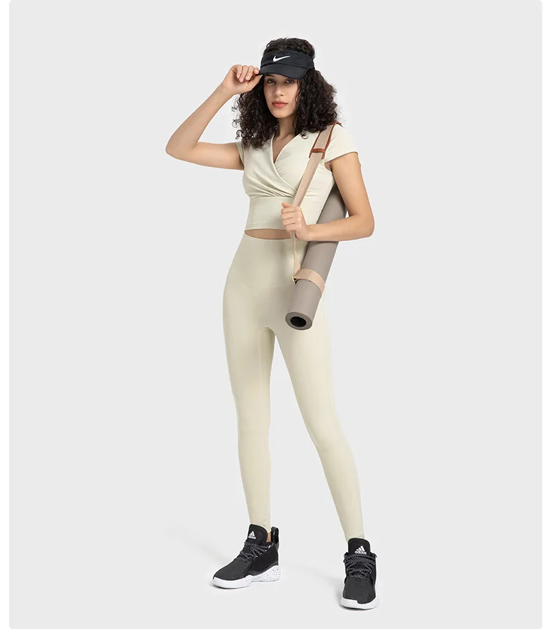 MAQVOB New Zero Sense Cross Front Fold Yoga Dress Personality Fashion All Fitness Sports Short Sleeve Bra