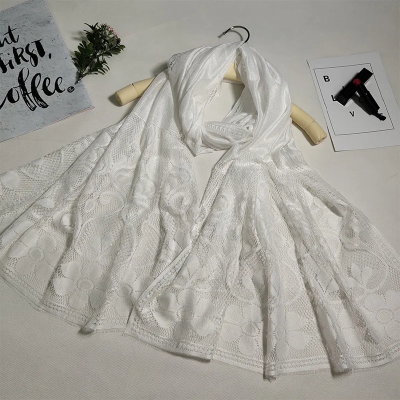 
Lace Silk Scarf Head Scarf Muslim Ladies Scarf Thin Solid Color Hollow Gauze Travel Sunscreen Shawl 