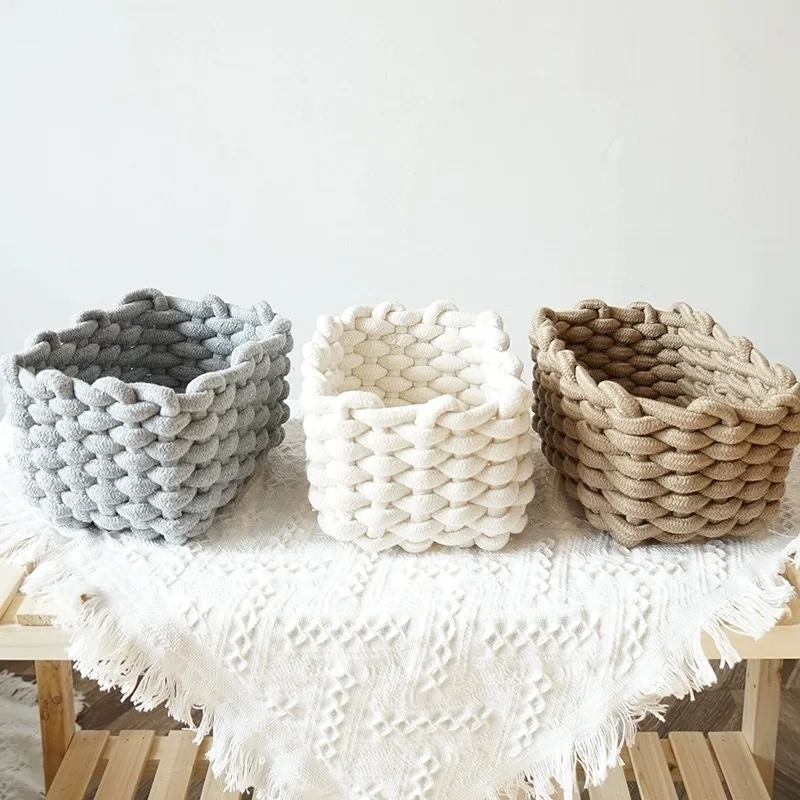 Nordic Cotton Line Hand-woven Storage Basket Coarse Rope Simple Desktop Organizer Box Baby Toy Snack Key Cloth