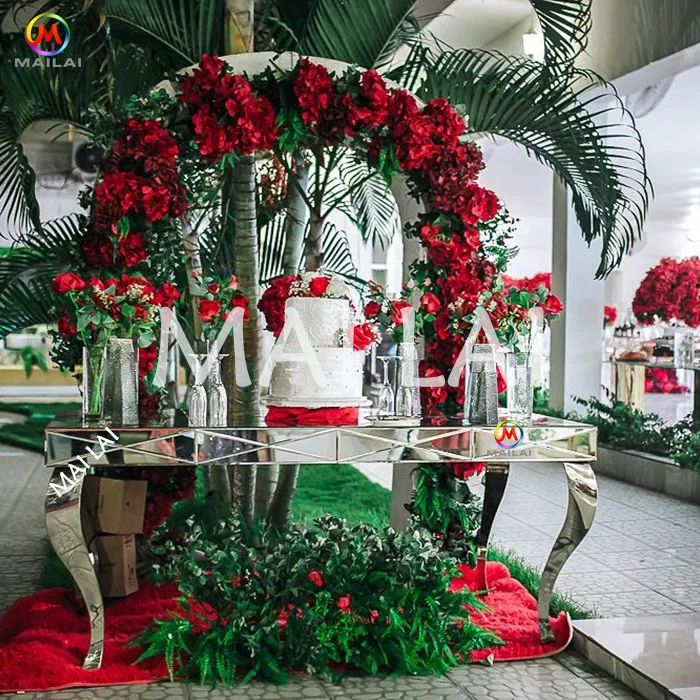 Luxury High Quality Gold Stainless Steel Wedding Dining Table with Silver Mirror Temper Glass top