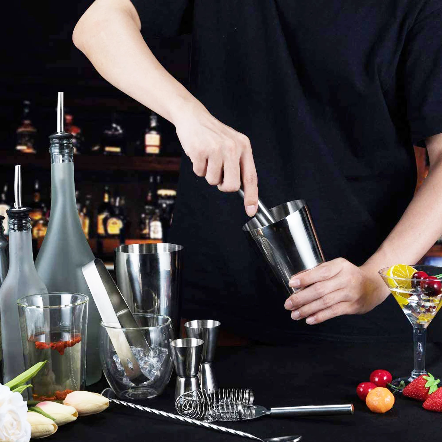 Wuyi Camol Complete 15pcs Boston Cocktail Shaker Set - 750ml+600ml Shakers - Pro Bar Tools - Boston Cocktail Shaker