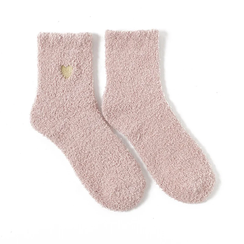 Wholesale Heart Embroidered Solid Warm Cozy Fluffy Sleeping Socks Women Soft Fleece Fuzzy Socks