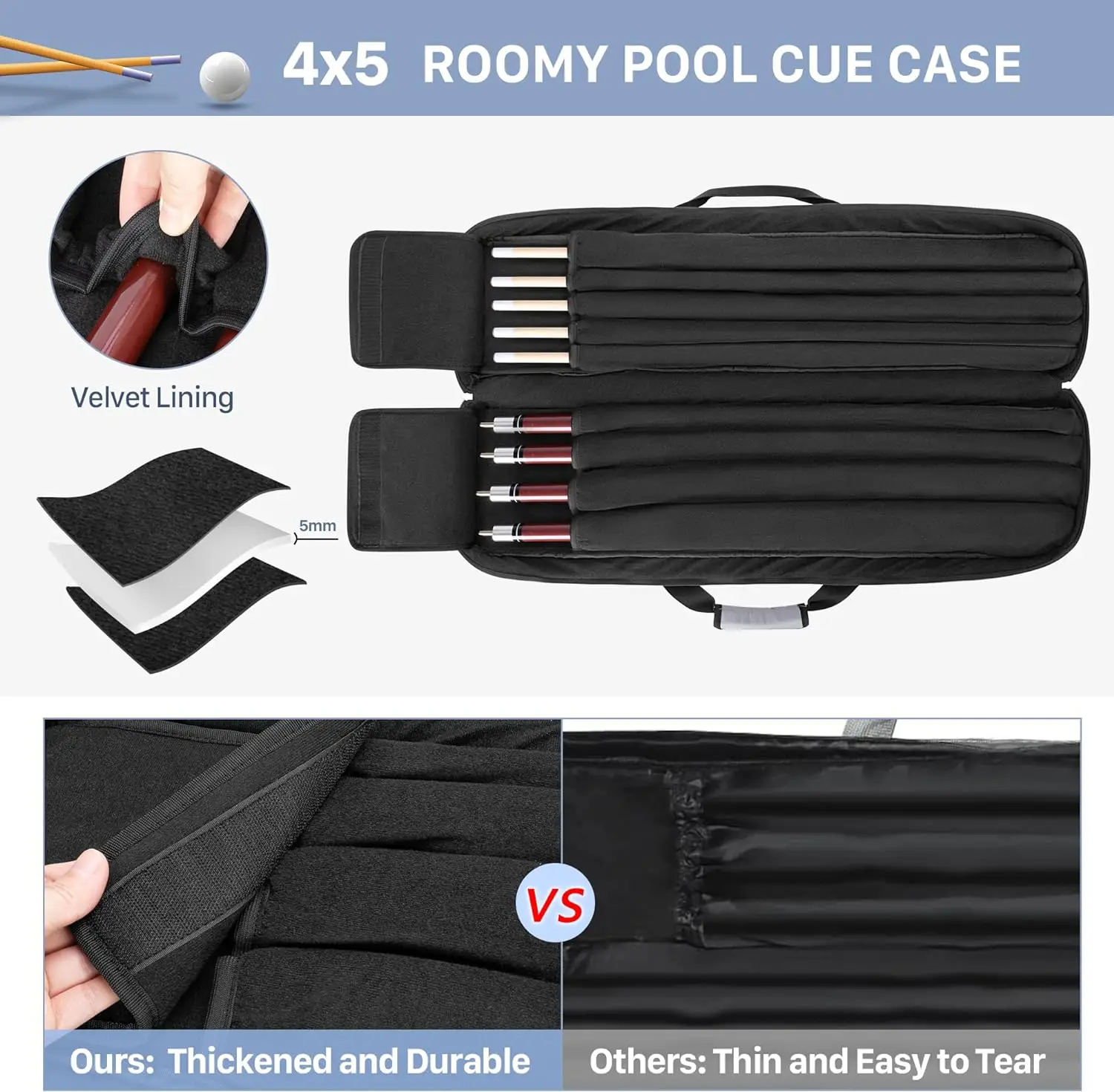 New Durable Custom 4x5 Pool Cue Case, Billiard Stick Carrying Case Holds 4 Butts and 5 Shafts, Soft Pool Stick Bag
