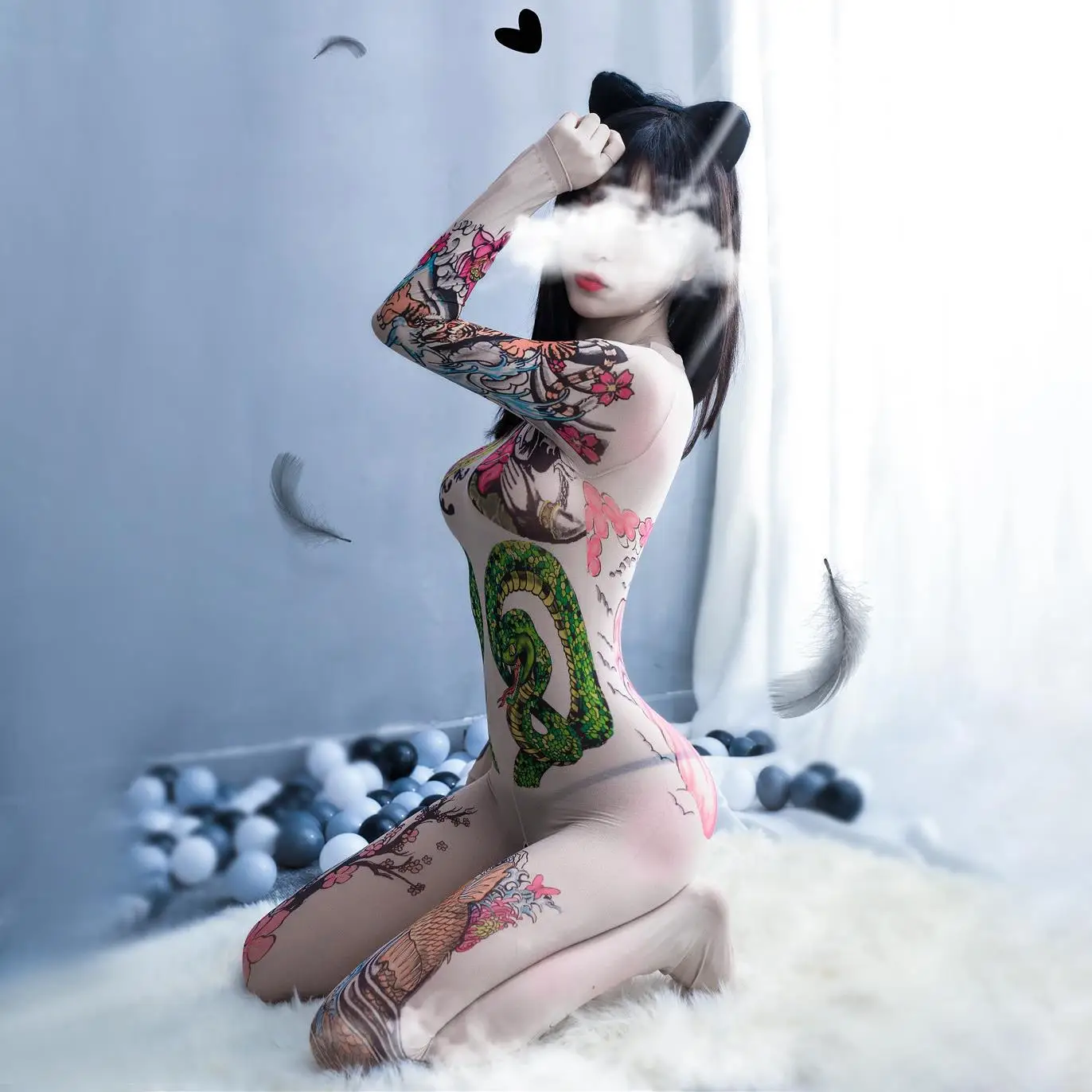 European and American sexy stockings sexy tattoo long sleeve open file one-piece underwear sexy pajamas