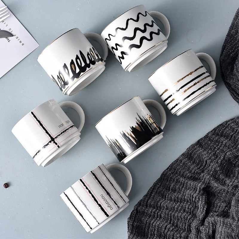 New Luxury Wholesale Creative Coffee Milk Mugwith Black And Blue Pattern For Couples Mix Design