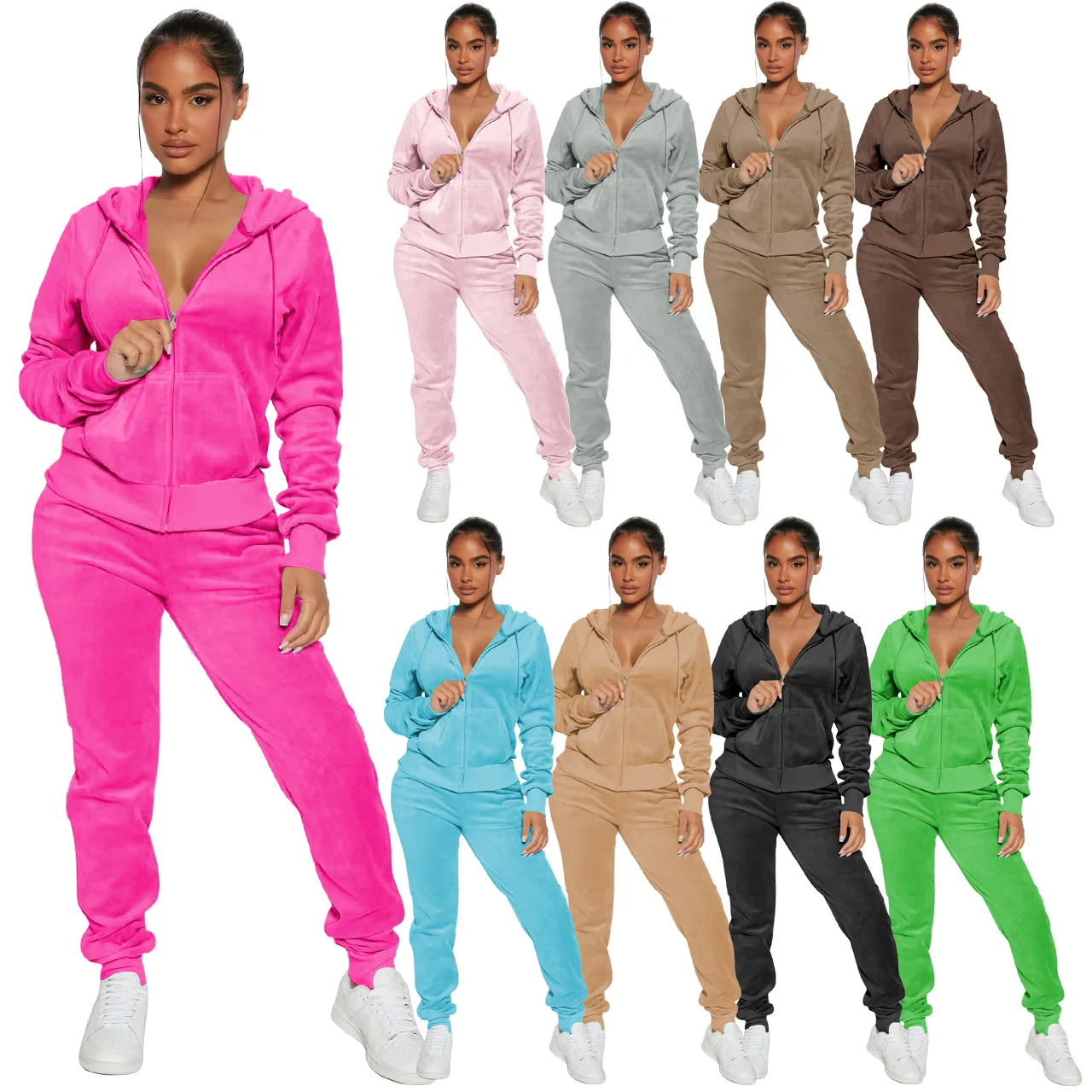 Hot Sale Fall Womens Fox Fleece Velvet Tracksuit Drawstring Women Two Piece Set Zip Up Plain Velour Tracksuit For Women