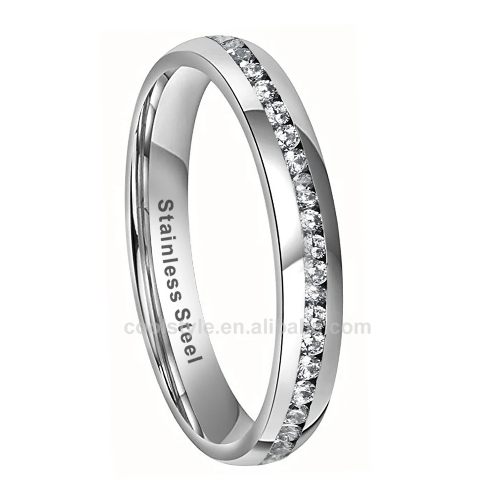 
4mm Women Stainless Steel Ring Eternity Wedding Engagement Band Polished Shiny Domed Sparking Cubic Zirconia Inlay Comfort Fit 