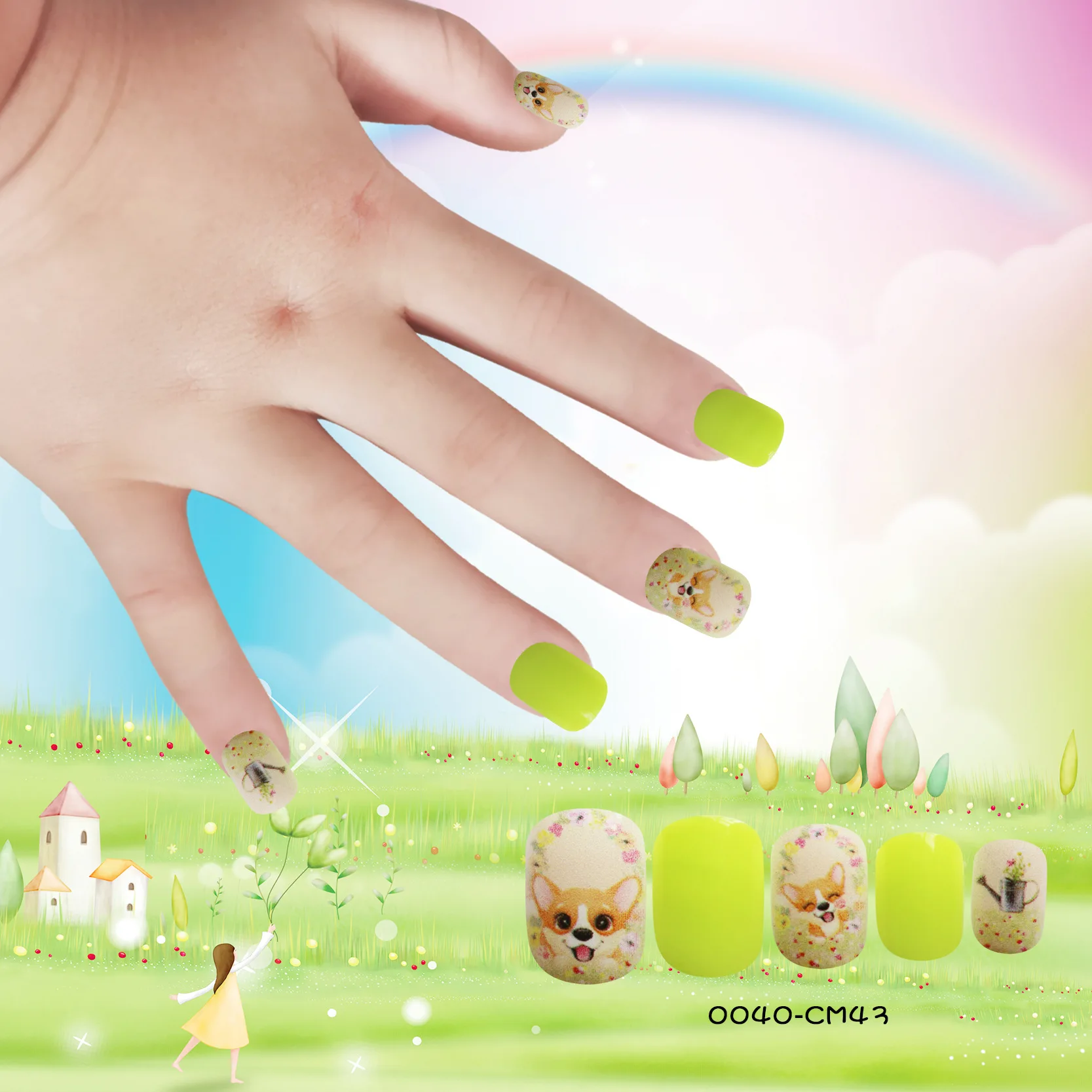 Purple And Anime Print Press On Nail Tips Short Squoval Fake Nail For Kids