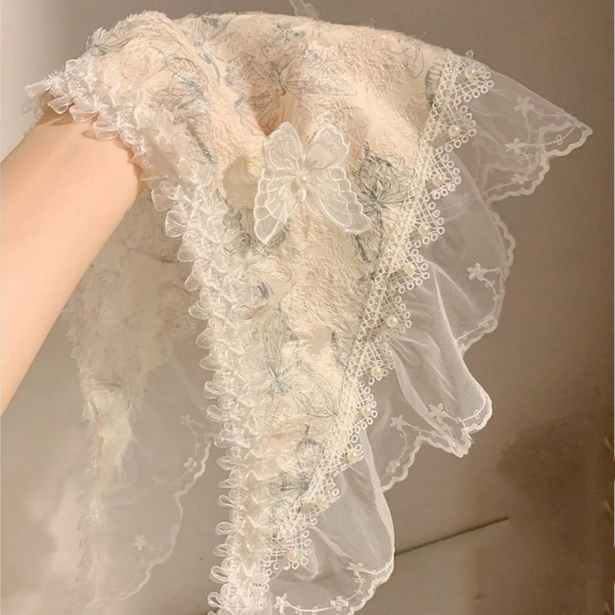 Pearl lace butterfly triangular headscarf women head wear countryside seaside headband