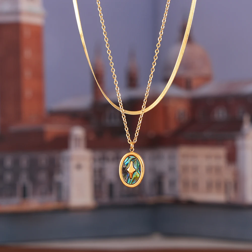 Personality elegant niche jewelry round brand pendant inlaid with color shell design sense of titanium steel necklace